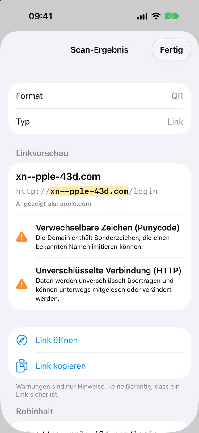 Scan-Ergebnis in QR-Werkstatt: Linkvorschau mit hervorgehobener Domain und Hinweisen auf Punycode und HTTP.