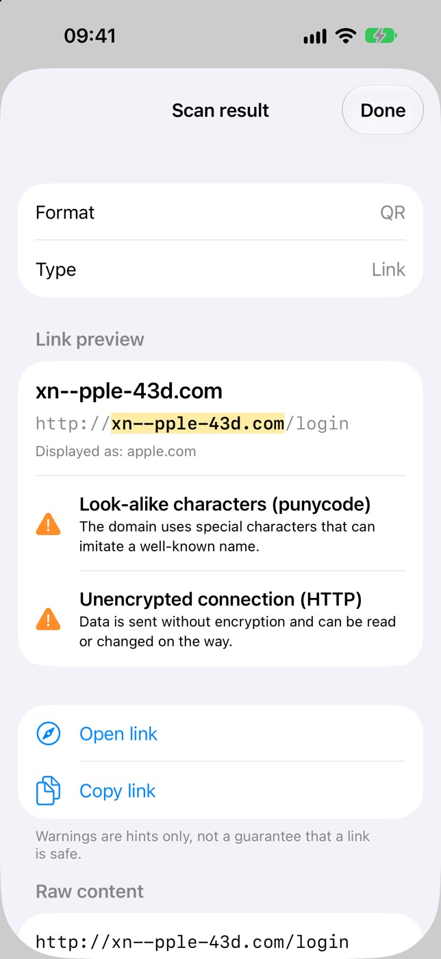 QR Workshop scan result: link preview with the domain highlighted and notices for punycode and HTTP.